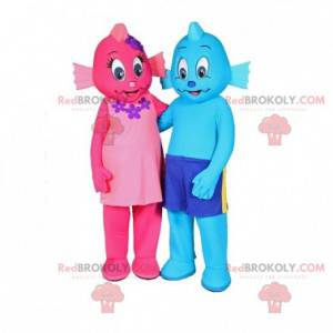 2 vismascottes een roze en een blauw. 2 mascottes -